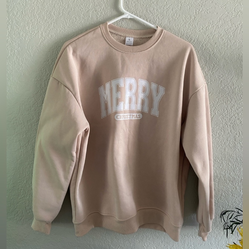 Merry Christmas Beige Sweatshirt Sz L